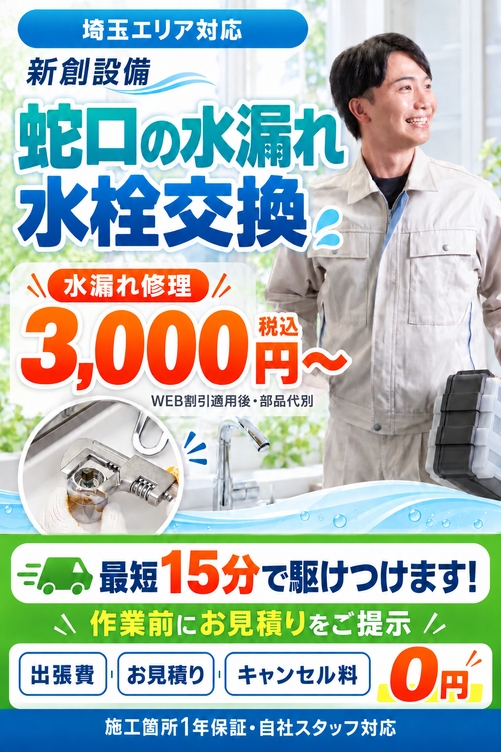 埼玉エリア対応、新創設備。蛇口の水漏れ・水栓交換。水漏れ修理3,000円から（税込・WEB割引適用後・部品代別）。最短15分で駆けつけます。作業前にお見積りをご提示。出張費・お見積り・キャンセル料0円。施工箇所1年保証・自社スタッフ対応。